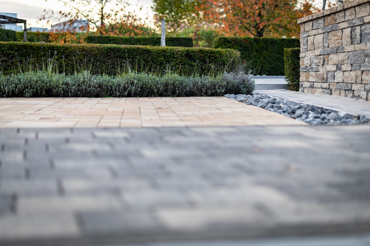 Landscaped garden pathway with stone wall and hedges